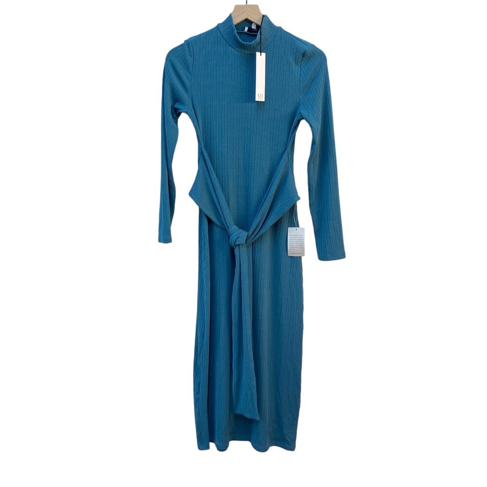 NSR Bodycon Front Knot Dress Teal Blue Ribbed Knit Long Sleeve Women's Small NWT